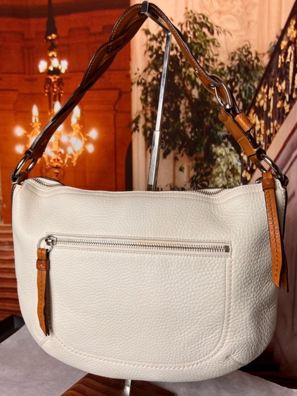 Coach Soho White Pebbled Leather Hobo Shoulder Bag with Tan Trim